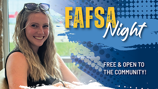 Student smiling at camera with FAFSA Night text overlaid